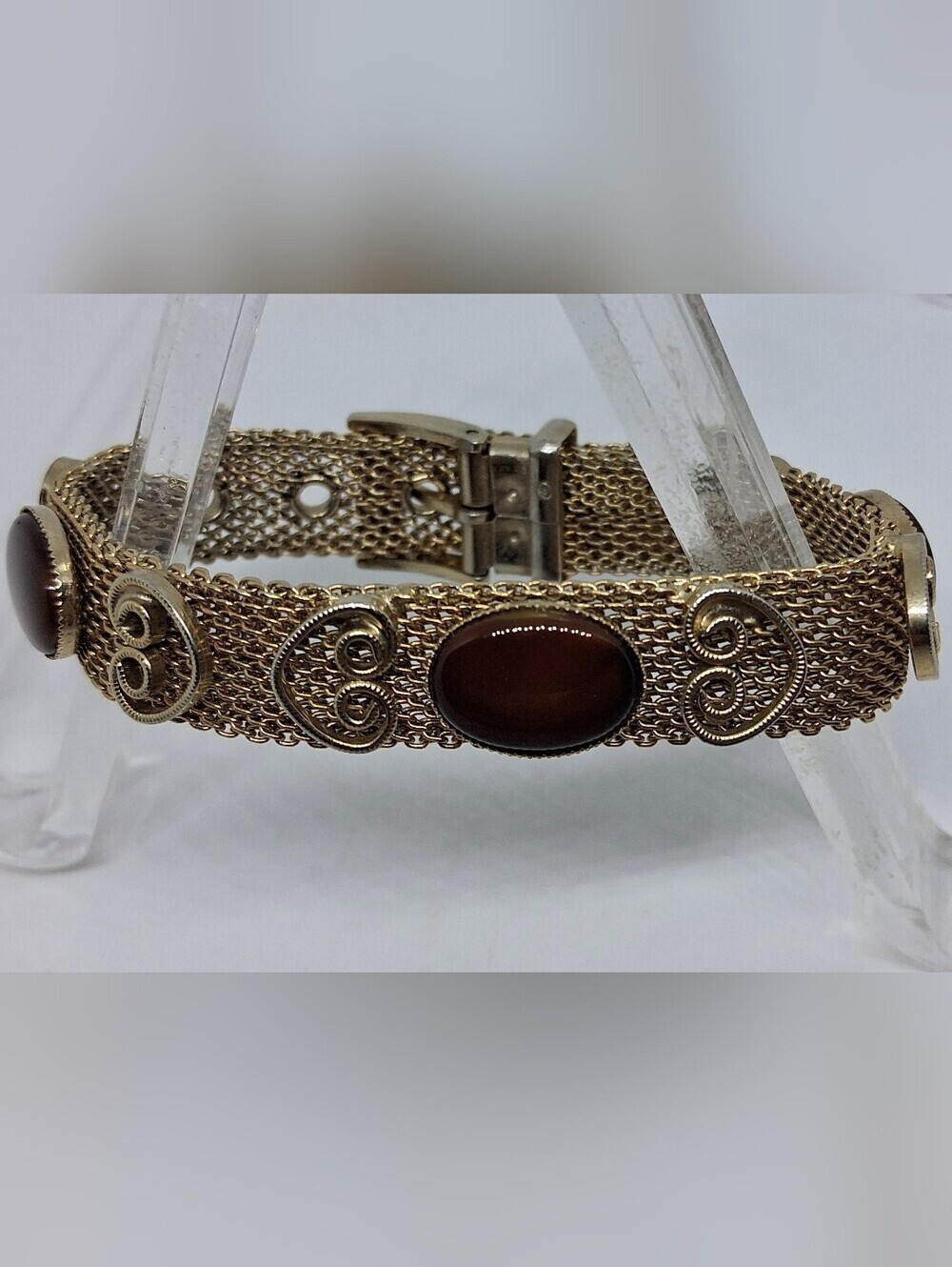 * Vintage Gold Tone Mesh Buckle Bracelet Brown Glass Cabs
